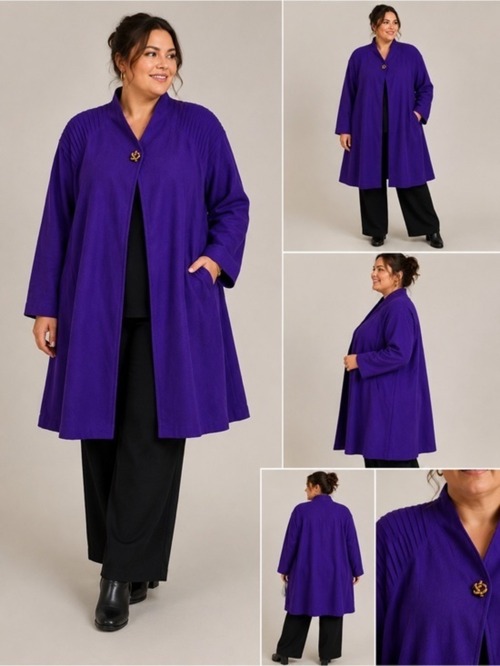 Gallery Woman Purple Wool Swing Coat Jacket Pleated Shoulder Long Size 2X Teflon
